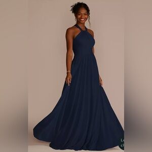 David’s Bridal navy halter neck gown